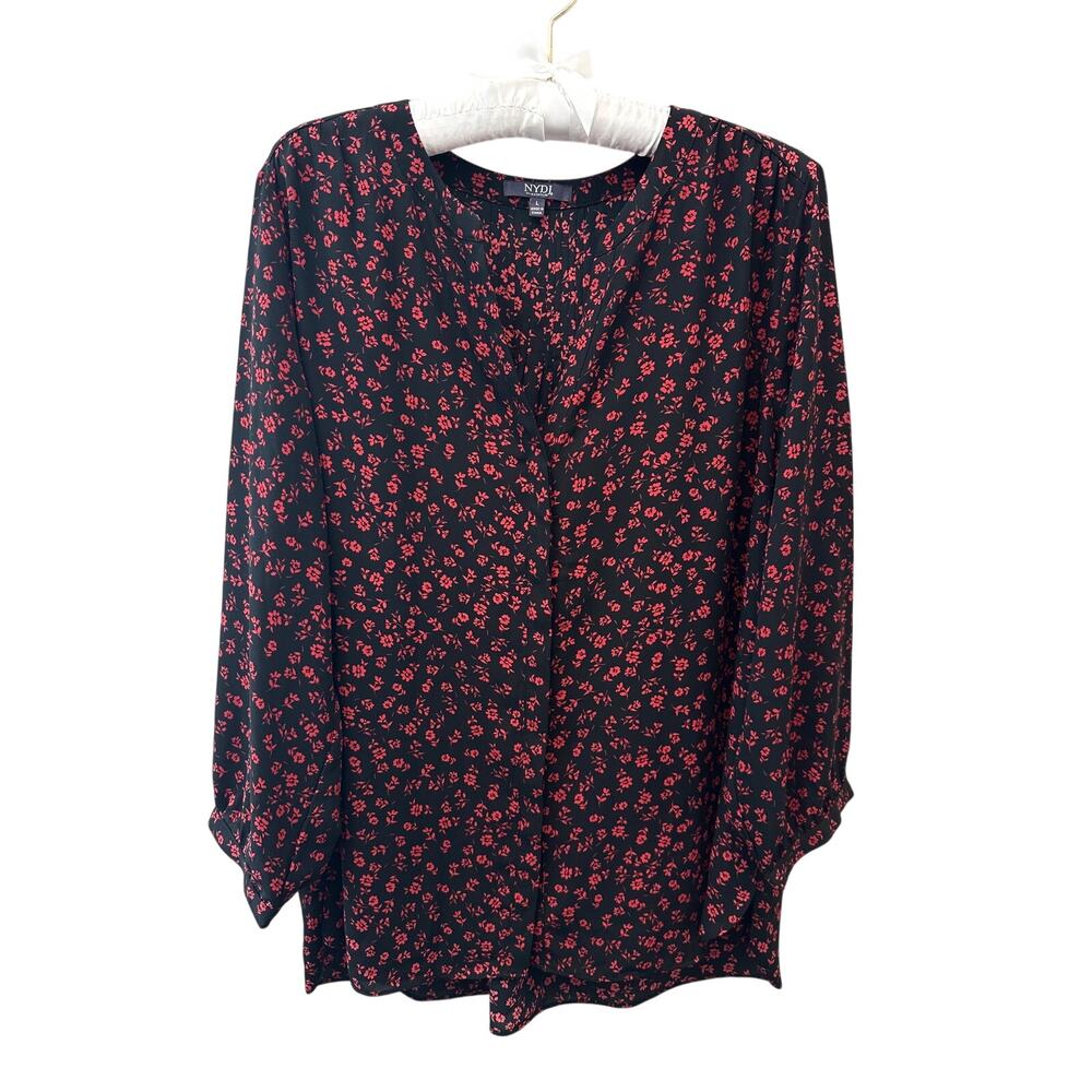 NYDJ Black Red Floral Split Neck Blouse 3/4 Sleeve Pleated Top Office Large